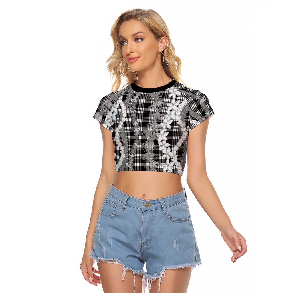 Hawaiian Ohia Lehua Lei Raglan Cropped T Shirt Plaid Palaka Eleele Pattern - Polynesian Pride