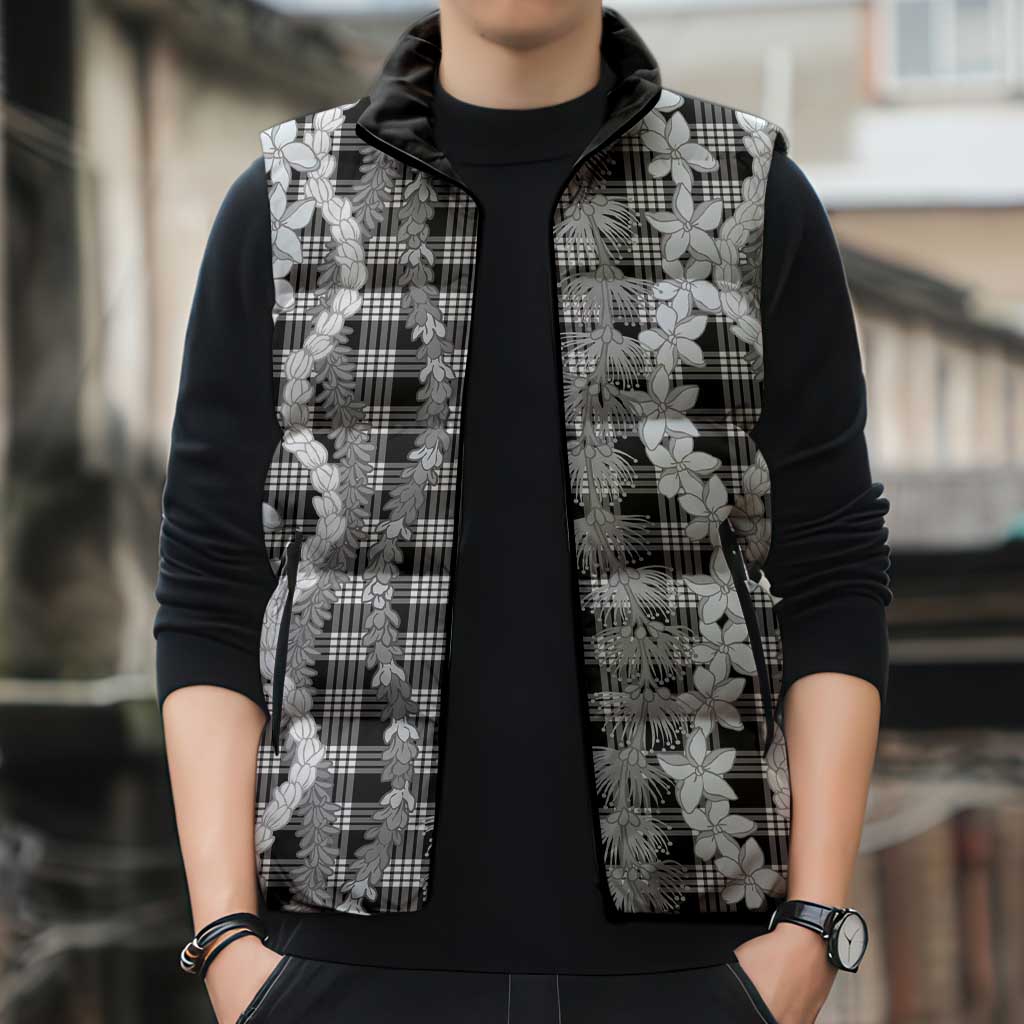 Hawaiian Ohia Lehua Lei Sleeveless Puffer Jacket Plaid Palaka Eleele Pattern - Polynesian Pride