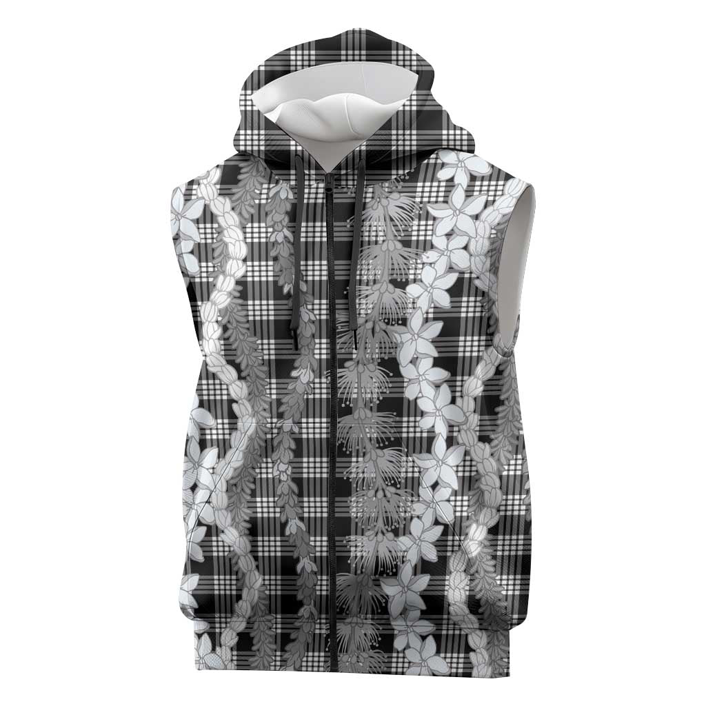 Hawaiian Ohia Lehua Lei Sleeveless Zip Hoodie Plaid Palaka Eleele Pattern - Polynesian Pride