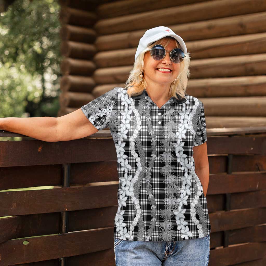 Hawaiian Ohia Lehua Lei Women Polo Shirt Plaid Palaka Eleele Pattern - Polynesian Pride