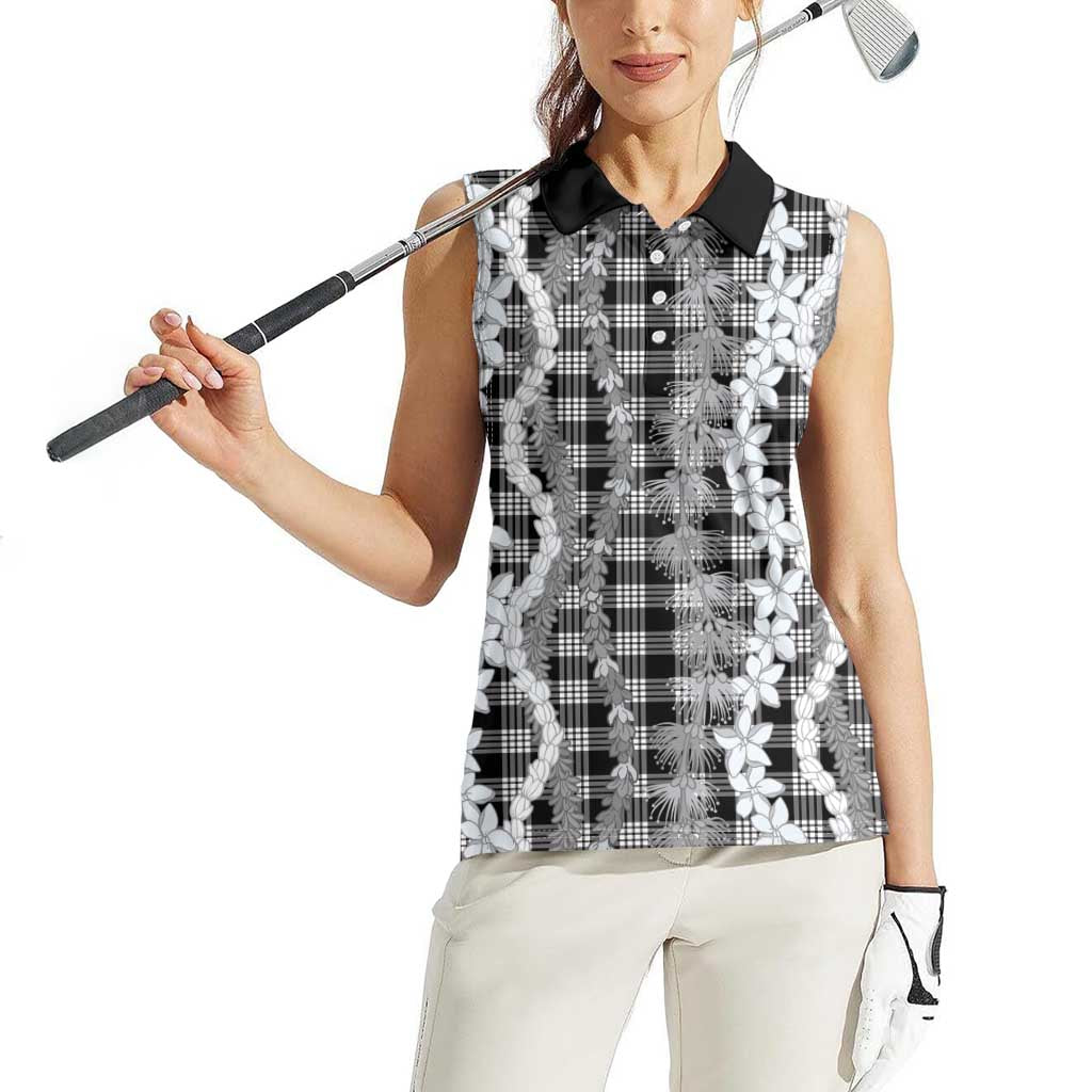 Hawaiian Ohia Lehua Lei Women Sleeveless Polo Shirt Plaid Palaka Eleele Pattern - Polynesian Pride