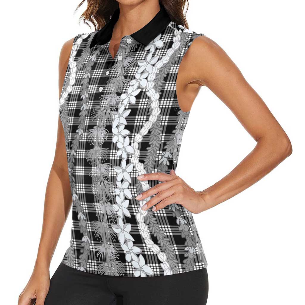 Hawaiian Ohia Lehua Lei Women Sleeveless Polo Shirt Plaid Palaka Eleele Pattern - Polynesian Pride