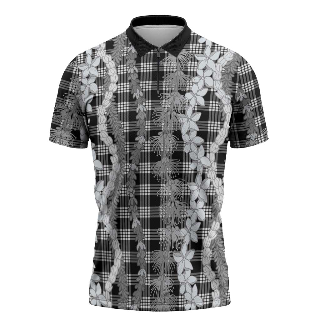 Hawaiian Ohia Lehua Lei Zipper Polo Shirt Plaid Palaka Eleele Pattern - Polynesian Pride