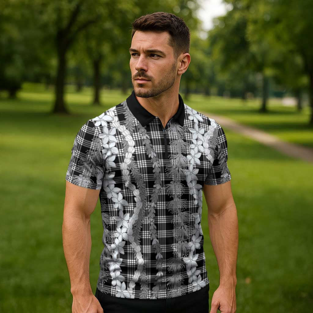 Hawaiian Ohia Lehua Lei Zipper Polo Shirt Plaid Palaka Eleele Pattern - Polynesian Pride