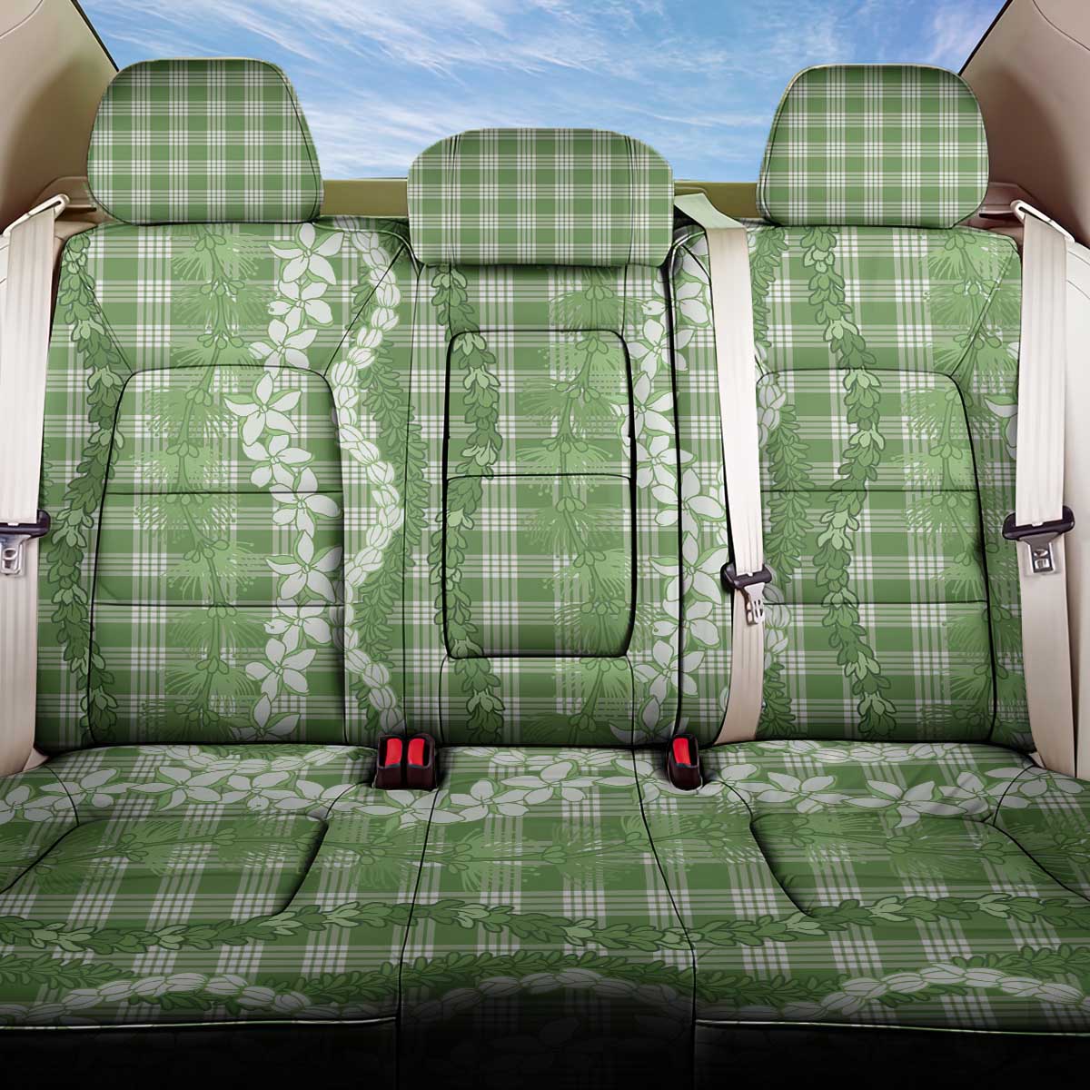 Hawaiian Ohia Lehua Lei Back Car Seat Cover Plaid Palaka Omaomao Pattern LT9 One Size Green - Polynesian Pride