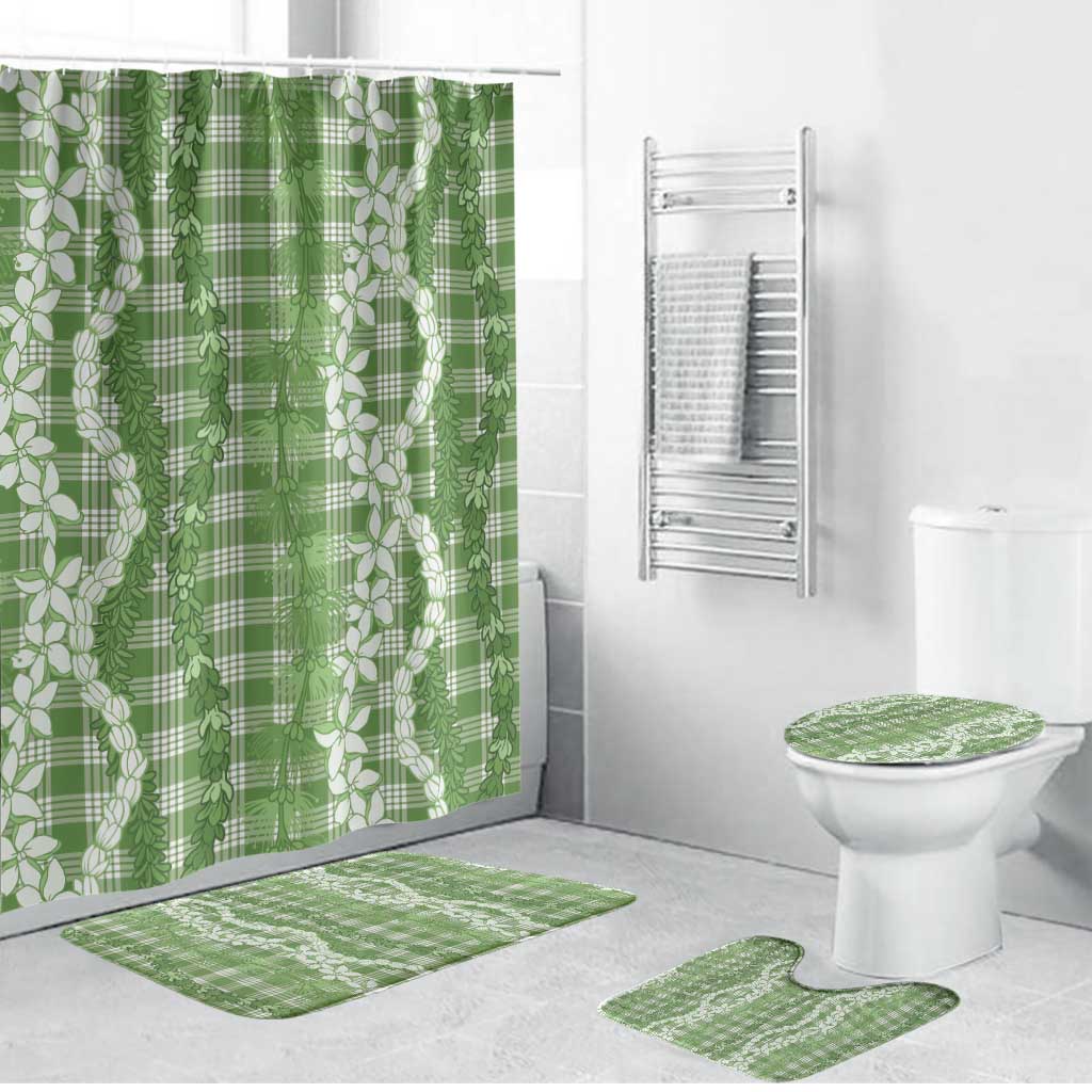 Hawaiian Ohia Lehua Lei Bathroom Set Plaid Palaka Omaomao Pattern LT9 Bathroom Set (4 pcs) Green - Polynesian Pride