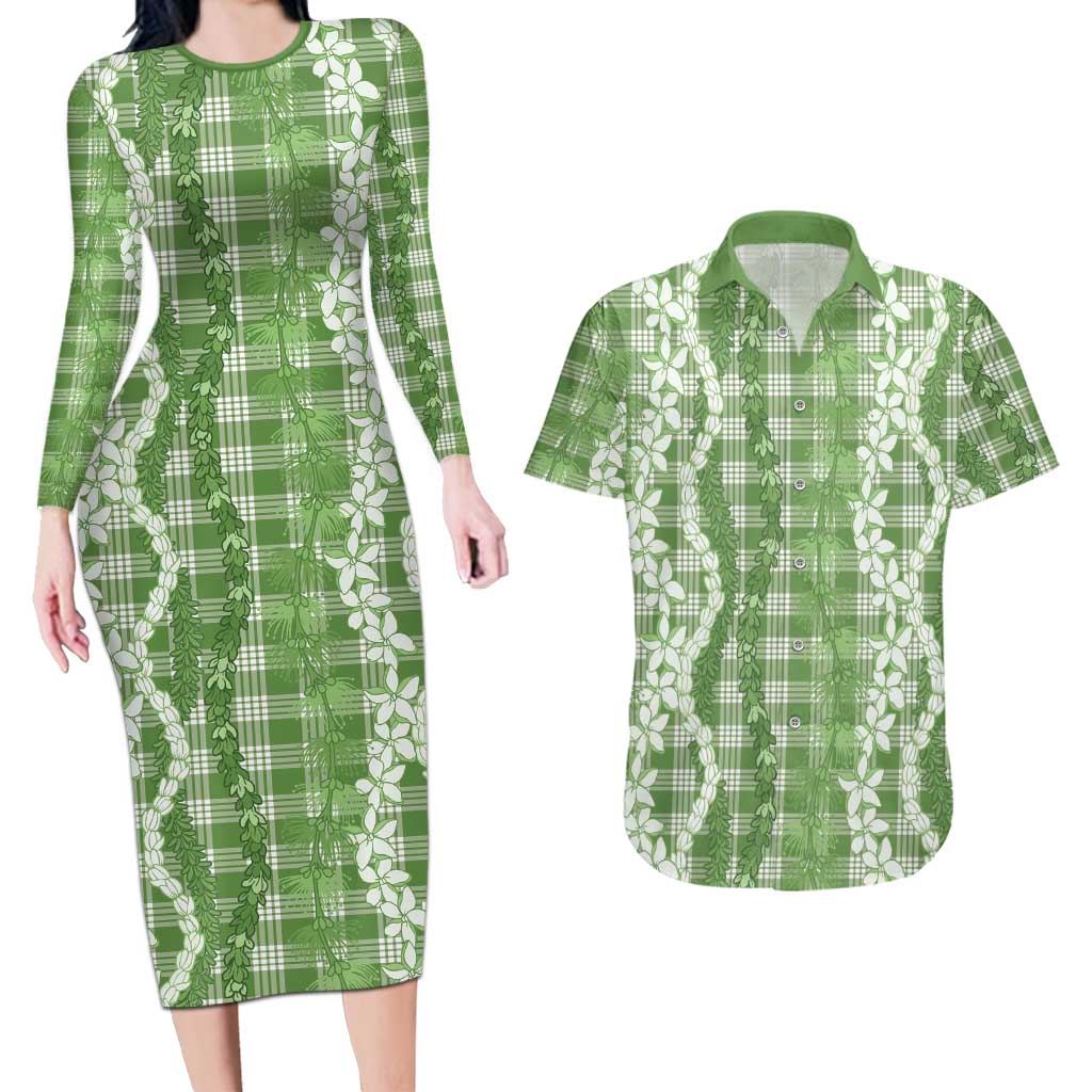 Hawaiian Ohia Lehua Lei Couples Matching Long Sleeve Bodycon Dress and Hawaiian Shirt Plaid Palaka Omaomao Pattern LT9 Green - Polynesian Pride