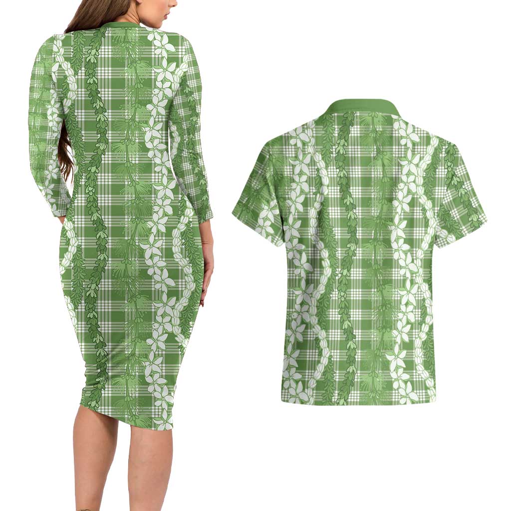 Hawaiian Ohia Lehua Lei Couples Matching Long Sleeve Bodycon Dress and Hawaiian Shirt Plaid Palaka Omaomao Pattern LT9 - Polynesian Pride
