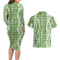 Hawaiian Ohia Lehua Lei Couples Matching Long Sleeve Bodycon Dress and Hawaiian Shirt Plaid Palaka Omaomao Pattern LT9 - Polynesian Pride