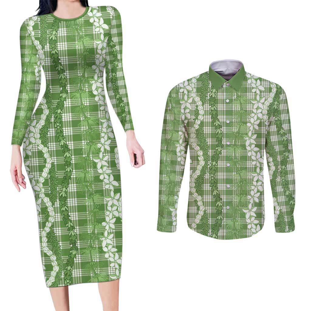 Hawaiian Ohia Lehua Lei Couples Matching Long Sleeve Bodycon Dress and Long Sleeve Button Shirt Plaid Palaka Omaomao Pattern LT9 Green - Polynesian Pride