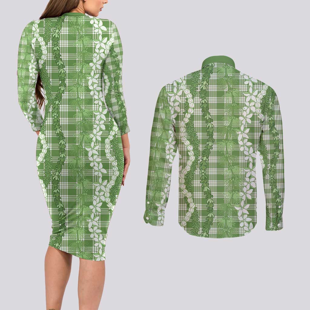 Hawaiian Ohia Lehua Lei Couples Matching Long Sleeve Bodycon Dress and Long Sleeve Button Shirt Plaid Palaka Omaomao Pattern LT9 - Polynesian Pride
