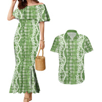 Hawaiian Ohia Lehua Lei Couples Matching Mermaid Dress and Hawaiian Shirt Plaid Palaka Omaomao Pattern LT9 Green - Polynesian Pride