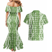 Hawaiian Ohia Lehua Lei Couples Matching Mermaid Dress and Hawaiian Shirt Plaid Palaka Omaomao Pattern LT9 - Polynesian Pride