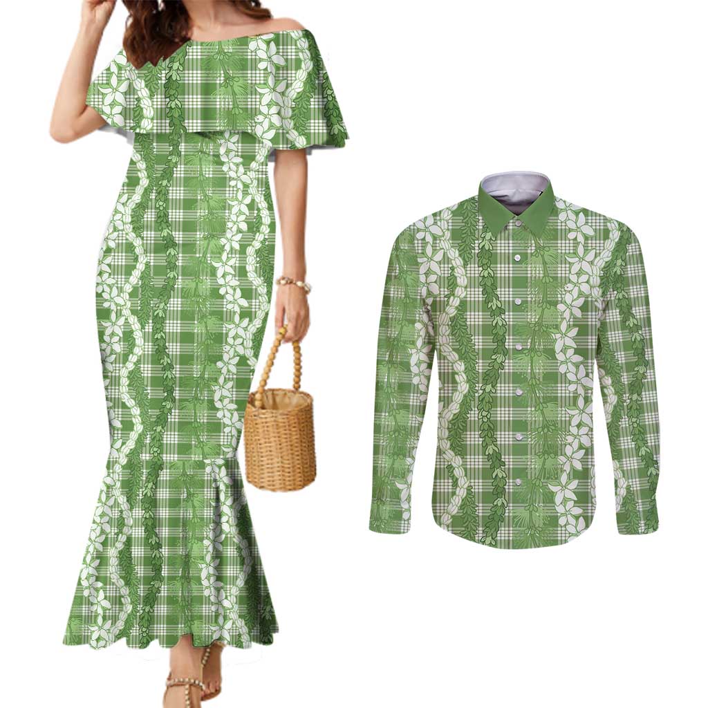 Hawaiian Ohia Lehua Lei Couples Matching Mermaid Dress and Long Sleeve Button Shirt Plaid Palaka Omaomao Pattern LT9 Green - Polynesian Pride