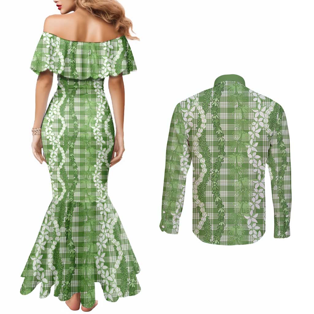 Hawaiian Ohia Lehua Lei Couples Matching Mermaid Dress and Long Sleeve Button Shirt Plaid Palaka Omaomao Pattern LT9 - Polynesian Pride