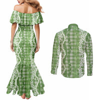 Hawaiian Ohia Lehua Lei Couples Matching Mermaid Dress and Long Sleeve Button Shirt Plaid Palaka Omaomao Pattern LT9 - Polynesian Pride