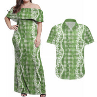 Hawaiian Ohia Lehua Lei Couples Matching Off Shoulder Maxi Dress and Hawaiian Shirt Plaid Palaka Omaomao Pattern LT9 Green - Polynesian Pride