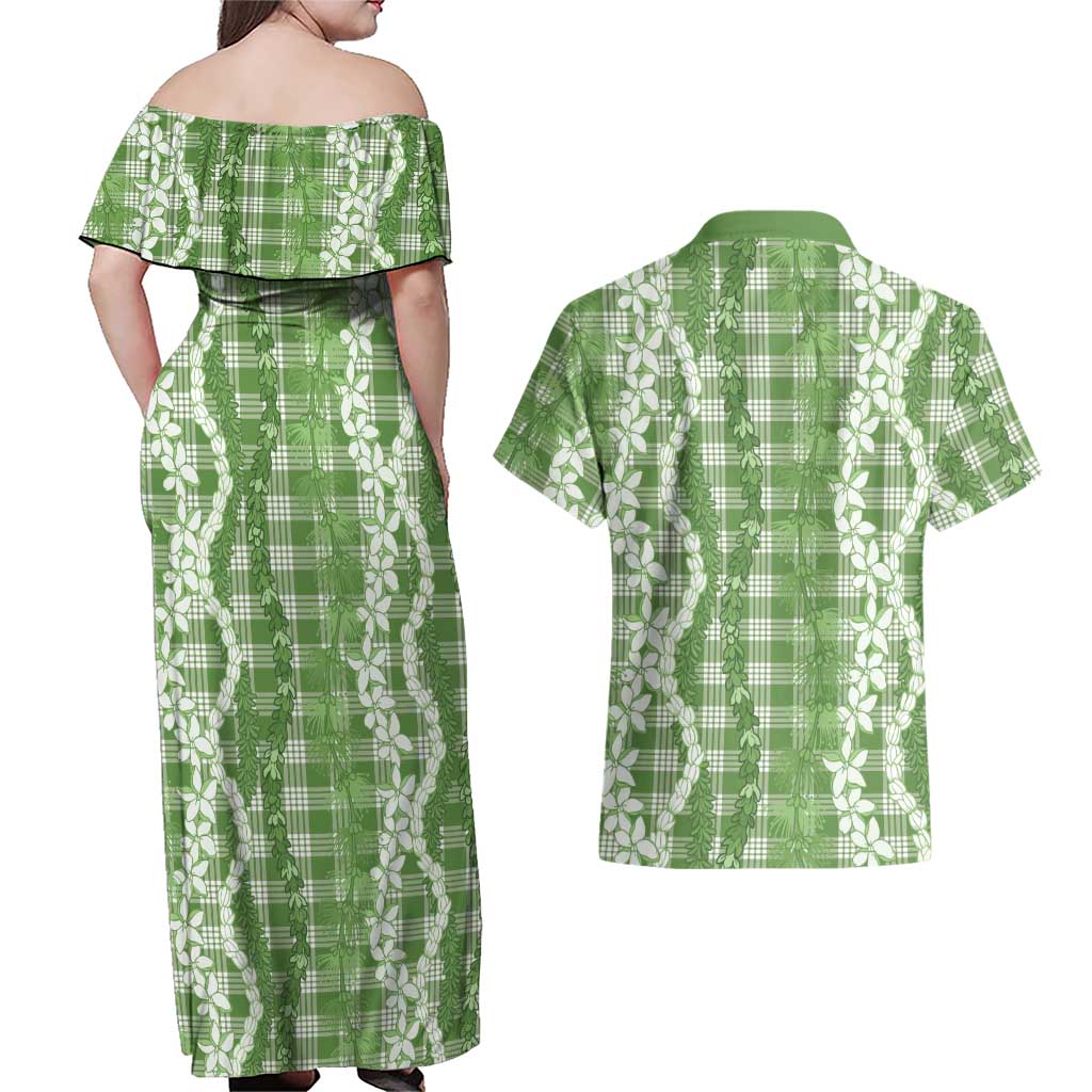 Hawaiian Ohia Lehua Lei Couples Matching Off Shoulder Maxi Dress and Hawaiian Shirt Plaid Palaka Omaomao Pattern LT9 - Polynesian Pride
