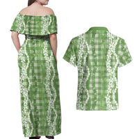 Hawaiian Ohia Lehua Lei Couples Matching Off Shoulder Maxi Dress and Hawaiian Shirt Plaid Palaka Omaomao Pattern LT9 - Polynesian Pride