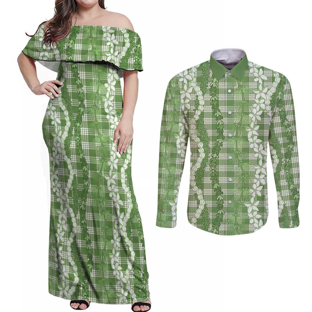 Hawaiian Ohia Lehua Lei Couples Matching Off Shoulder Maxi Dress and Long Sleeve Button Shirt Plaid Palaka Omaomao Pattern LT9 Green - Polynesian Pride