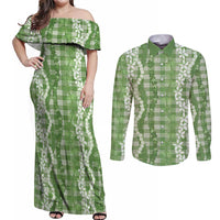 Hawaiian Ohia Lehua Lei Couples Matching Off Shoulder Maxi Dress and Long Sleeve Button Shirt Plaid Palaka Omaomao Pattern LT9 Green - Polynesian Pride