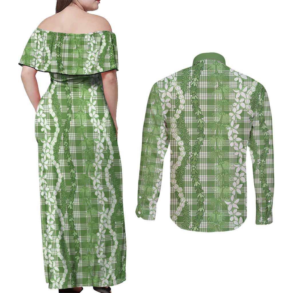 Hawaiian Ohia Lehua Lei Couples Matching Off Shoulder Maxi Dress and Long Sleeve Button Shirt Plaid Palaka Omaomao Pattern LT9 - Polynesian Pride