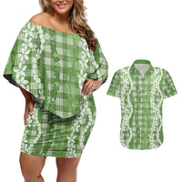 Hawaiian Ohia Lehua Lei Couples Matching Off Shoulder Short Dress and Hawaiian Shirt Plaid Palaka Omaomao Pattern LT9 Green - Polynesian Pride