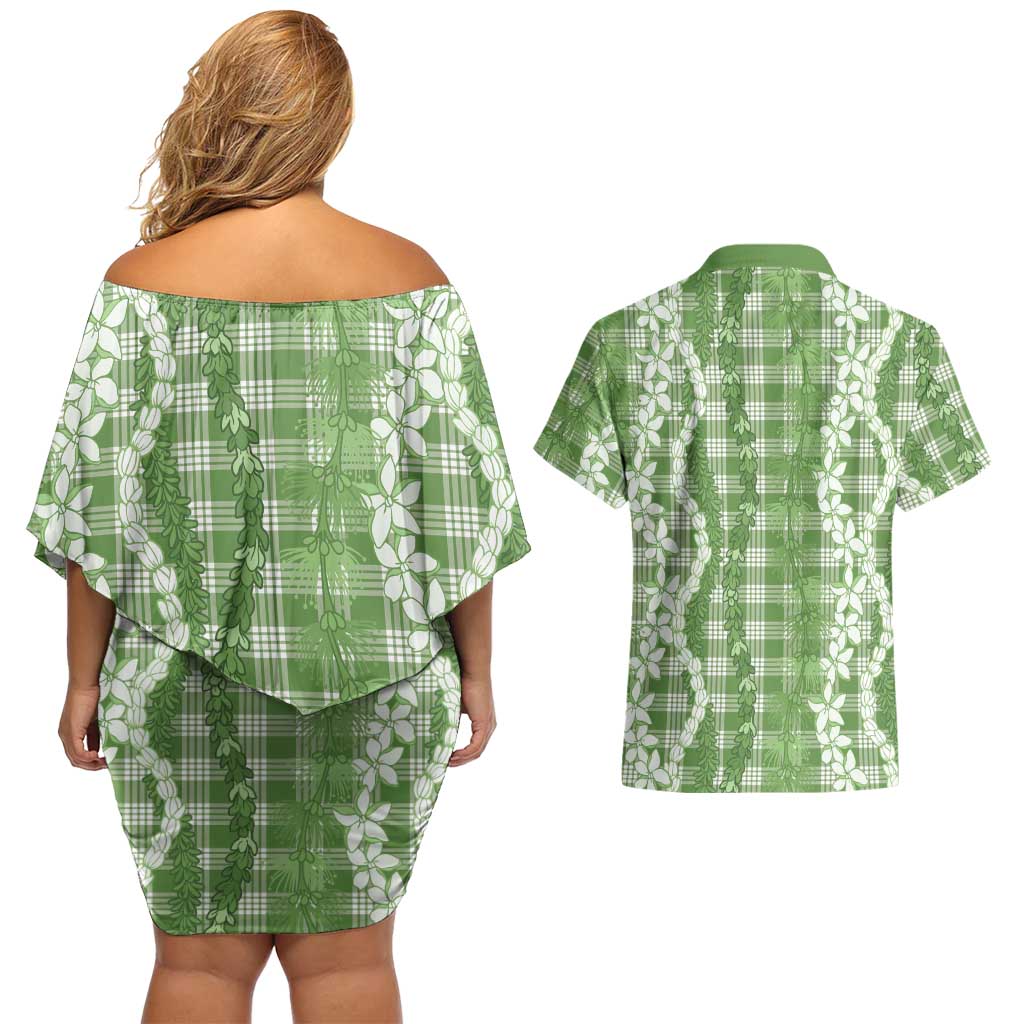 Hawaiian Ohia Lehua Lei Couples Matching Off Shoulder Short Dress and Hawaiian Shirt Plaid Palaka Omaomao Pattern LT9 - Polynesian Pride