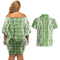 Hawaiian Ohia Lehua Lei Couples Matching Off Shoulder Short Dress and Hawaiian Shirt Plaid Palaka Omaomao Pattern LT9 - Polynesian Pride
