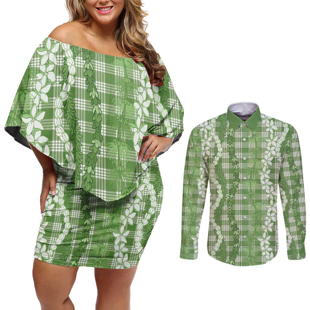 Hawaiian Ohia Lehua Lei Couples Matching Off Shoulder Short Dress and Long Sleeve Button Shirt Plaid Palaka Omaomao Pattern LT9 Green - Polynesian Pride