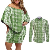 Hawaiian Ohia Lehua Lei Couples Matching Off Shoulder Short Dress and Long Sleeve Button Shirt Plaid Palaka Omaomao Pattern LT9 Green - Polynesian Pride