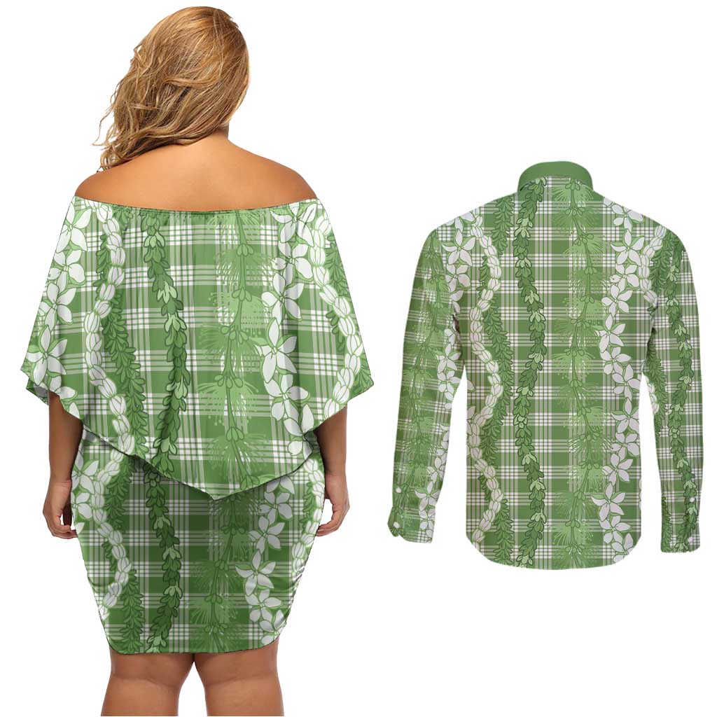 Hawaiian Ohia Lehua Lei Couples Matching Off Shoulder Short Dress and Long Sleeve Button Shirt Plaid Palaka Omaomao Pattern LT9 - Polynesian Pride