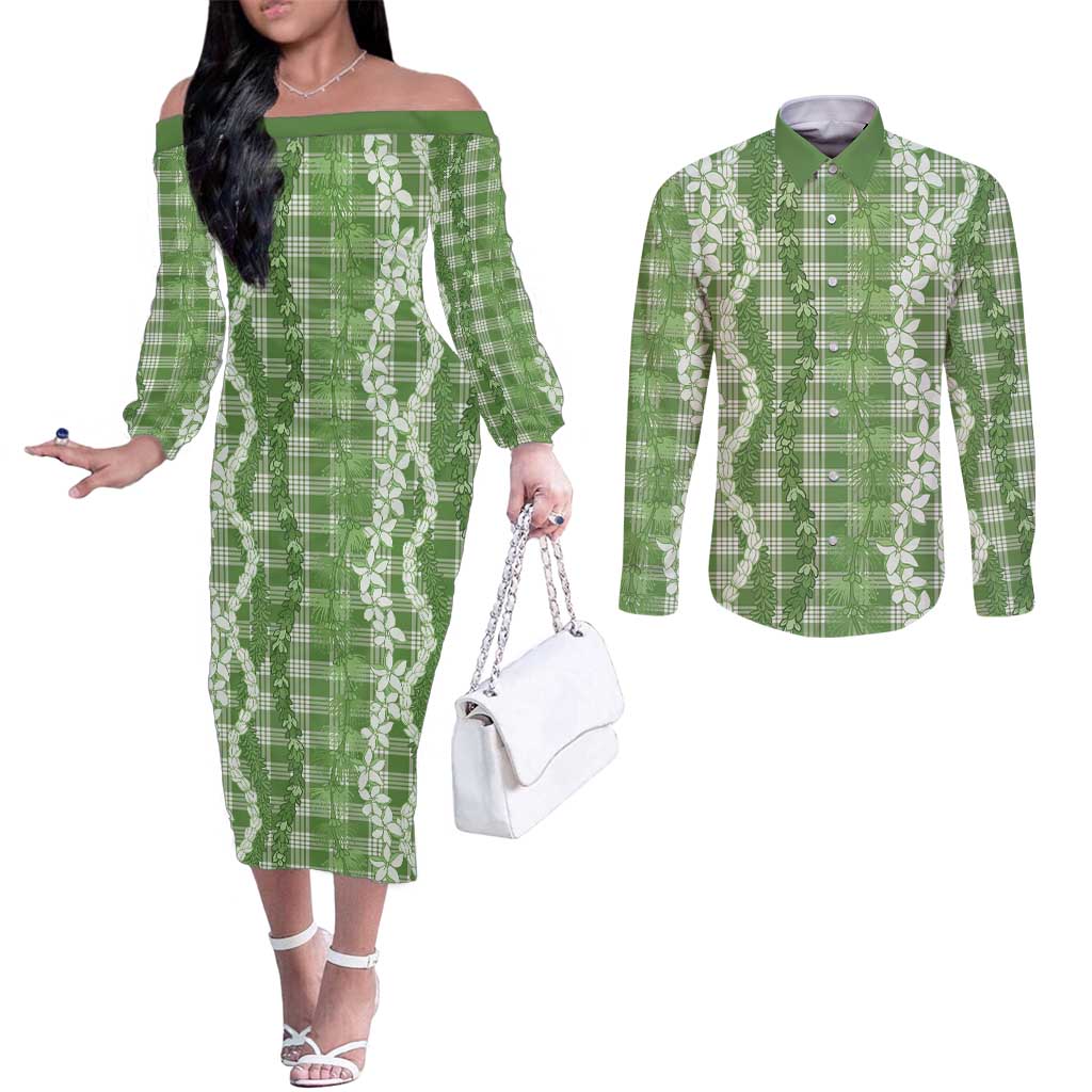 Hawaiian Ohia Lehua Lei Couples Matching Off The Shoulder Long Sleeve Dress and Long Sleeve Button Shirt Plaid Palaka Omaomao Pattern LT9 Green - Polynesian Pride