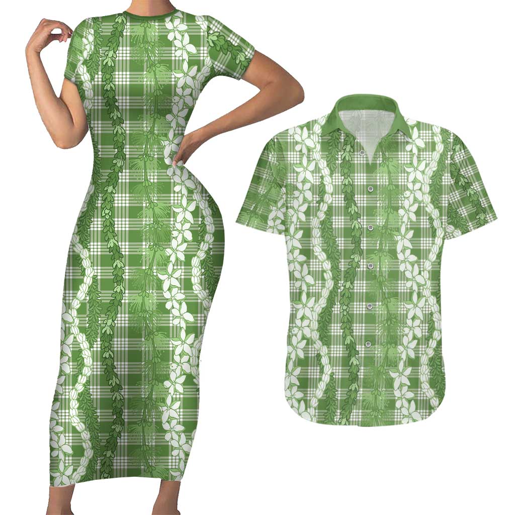 Hawaiian Ohia Lehua Lei Couples Matching Short Sleeve Bodycon Dress and Hawaiian Shirt Plaid Palaka Omaomao Pattern LT9 Green - Polynesian Pride