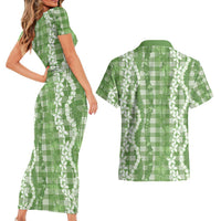 Hawaiian Ohia Lehua Lei Couples Matching Short Sleeve Bodycon Dress and Hawaiian Shirt Plaid Palaka Omaomao Pattern LT9 - Polynesian Pride