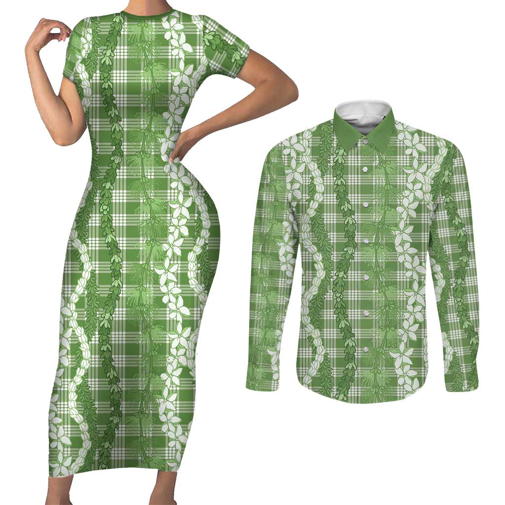 Hawaiian Ohia Lehua Lei Couples Matching Short Sleeve Bodycon Dress and Long Sleeve Button Shirt Plaid Palaka Omaomao Pattern LT9 Green - Polynesian Pride
