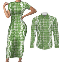 Hawaiian Ohia Lehua Lei Couples Matching Short Sleeve Bodycon Dress and Long Sleeve Button Shirt Plaid Palaka Omaomao Pattern LT9 Green - Polynesian Pride