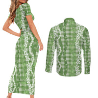 Hawaiian Ohia Lehua Lei Couples Matching Short Sleeve Bodycon Dress and Long Sleeve Button Shirt Plaid Palaka Omaomao Pattern LT9 - Polynesian Pride