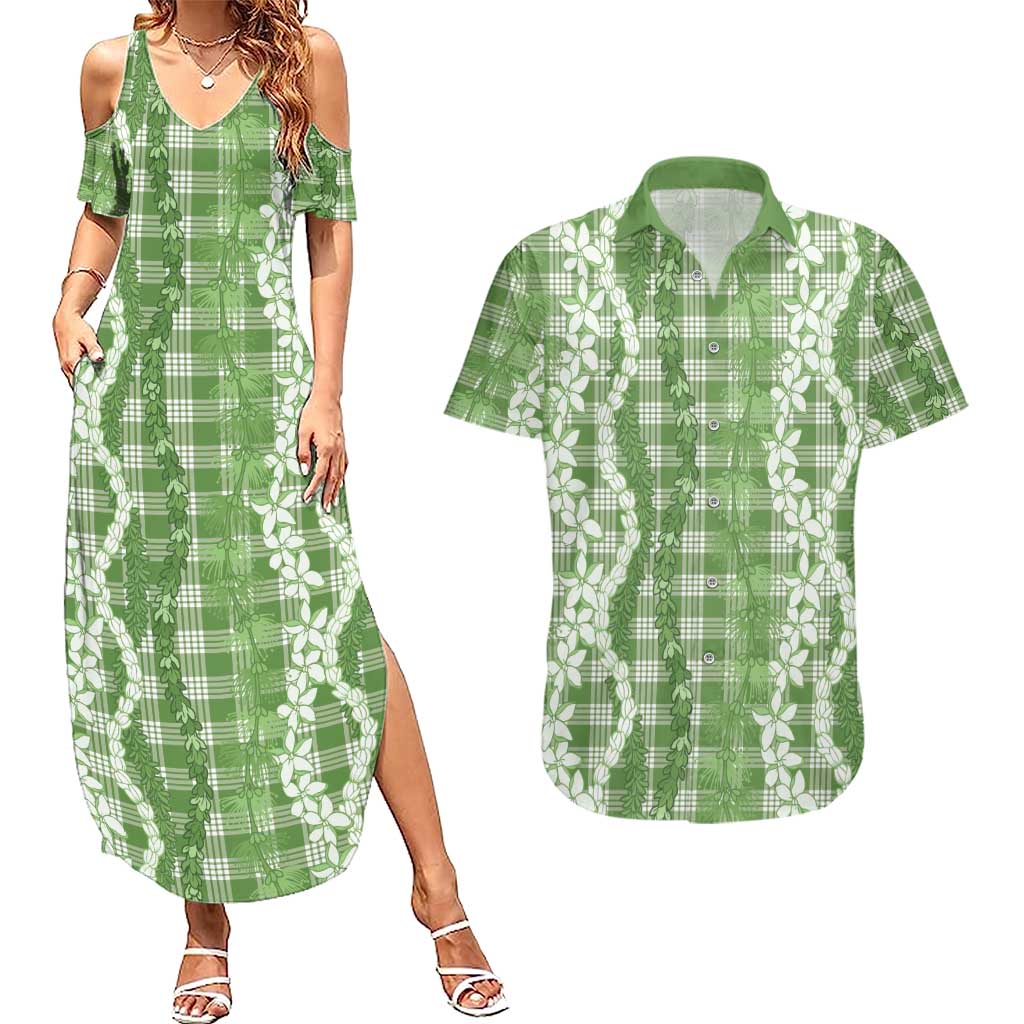 Hawaiian Ohia Lehua Lei Couples Matching Summer Maxi Dress and Hawaiian Shirt Plaid Palaka Omaomao Pattern LT9 Green - Polynesian Pride