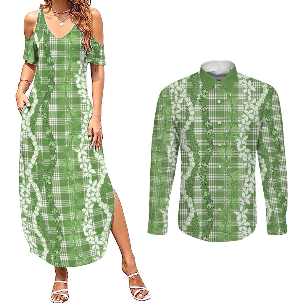 Hawaiian Ohia Lehua Lei Couples Matching Summer Maxi Dress and Long Sleeve Button Shirt Plaid Palaka Omaomao Pattern - Polynesian Pride