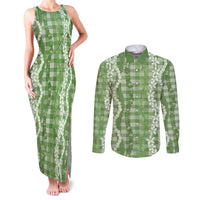 Hawaiian Ohia Lehua Lei Couples Matching Tank Maxi Dress and Long Sleeve Button Shirt Plaid Palaka Omaomao Pattern LT9 Green - Polynesian Pride
