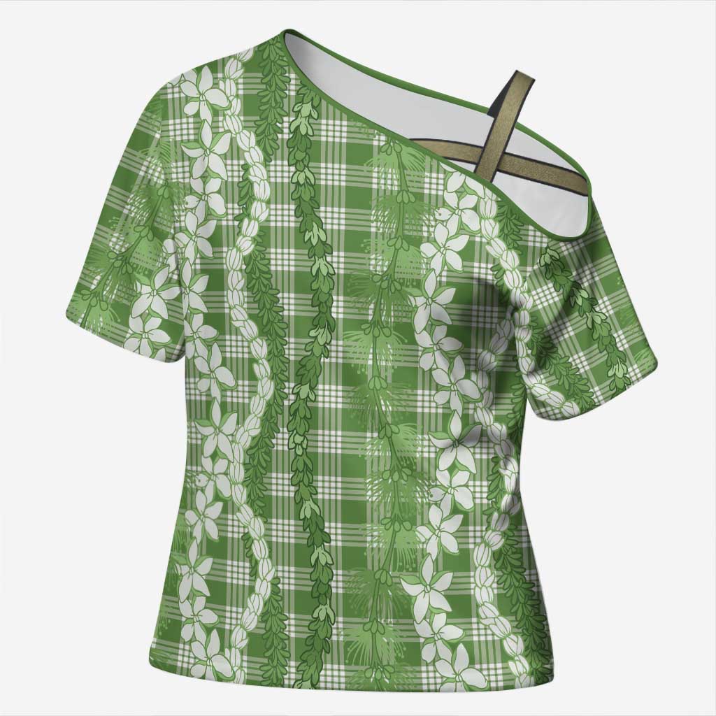 Hawaiian Ohia Lehua Lei Cross Shoulder Shirt Plaid Palaka Omaomao Pattern LT9 Female Green - Polynesian Pride