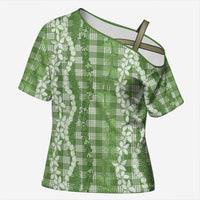 Hawaiian Ohia Lehua Lei Cross Shoulder Shirt Plaid Palaka Omaomao Pattern LT9 Female Green - Polynesian Pride