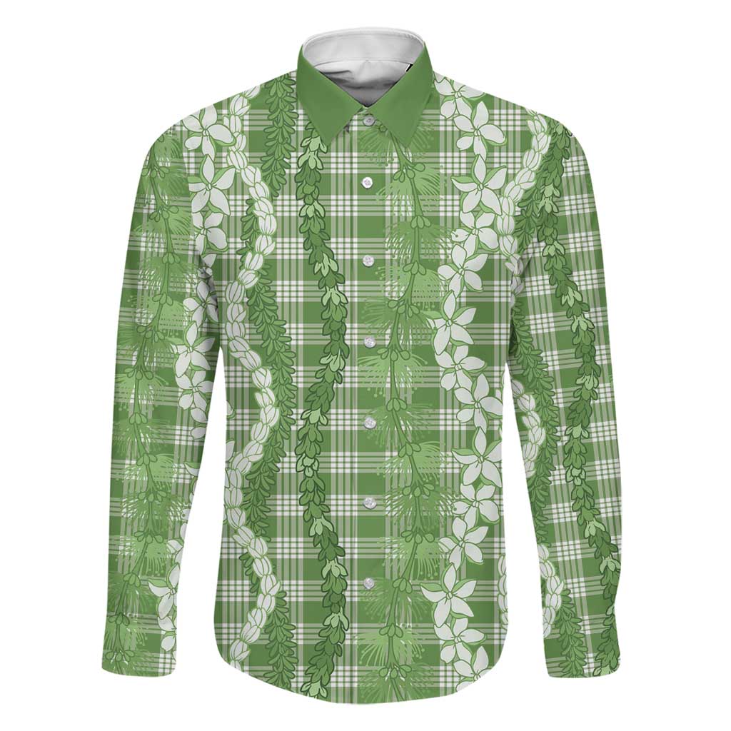 Hawaiian Ohia Lehua Lei Family Matching Long Sleeve Bodycon Dress and Hawaiian Shirt Plaid Palaka Omaomao Pattern LT9 Dad's Shirt - Long Sleeve Green - Polynesian Pride
