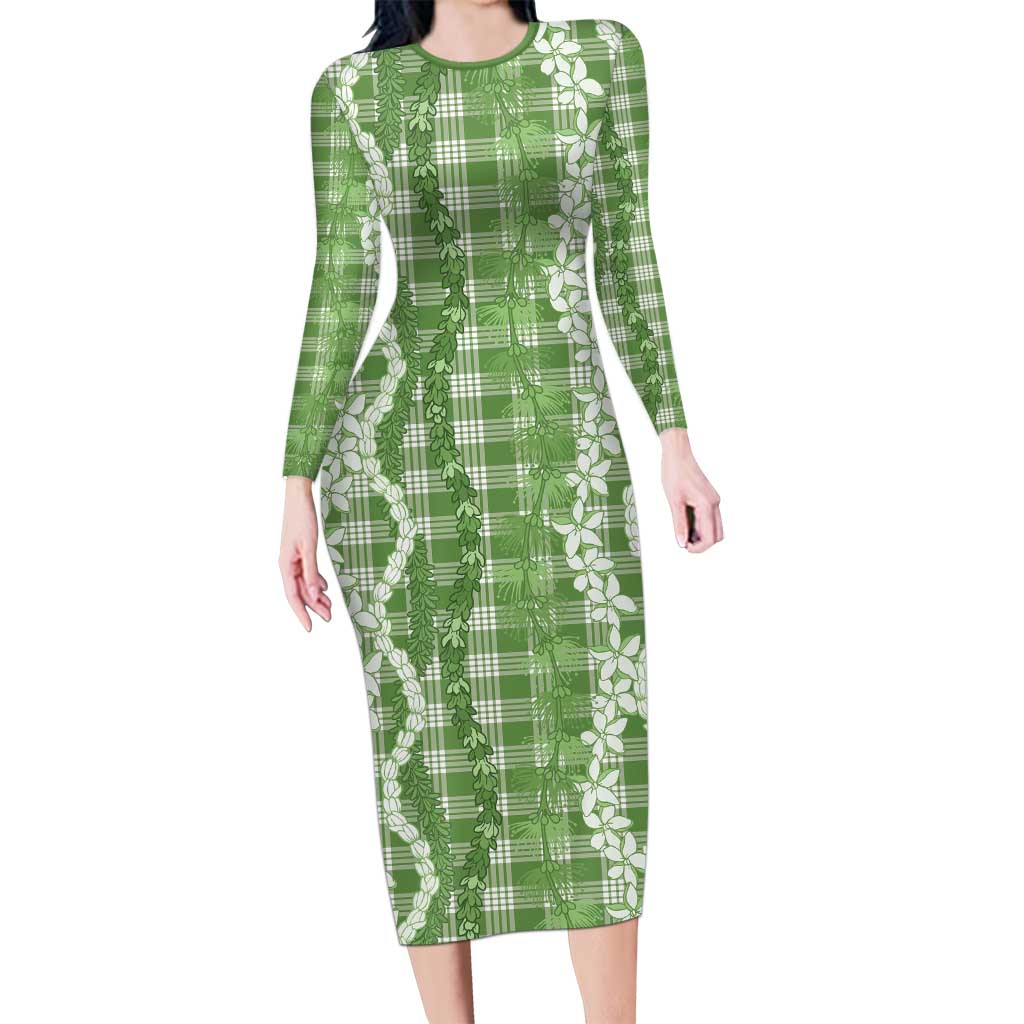 Hawaiian Ohia Lehua Lei Family Matching Long Sleeve Bodycon Dress and Hawaiian Shirt Plaid Palaka Omaomao Pattern LT9 Green - Polynesian Pride