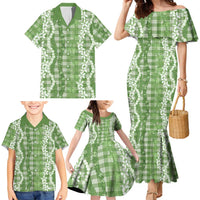 Hawaiian Ohia Lehua Lei Family Matching Mermaid Dress and Hawaiian Shirt Plaid Palaka Omaomao Pattern LT9 - Polynesian Pride