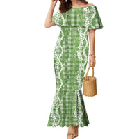 Hawaiian Ohia Lehua Lei Family Matching Mermaid Dress and Hawaiian Shirt Plaid Palaka Omaomao Pattern LT9 Green - Polynesian Pride