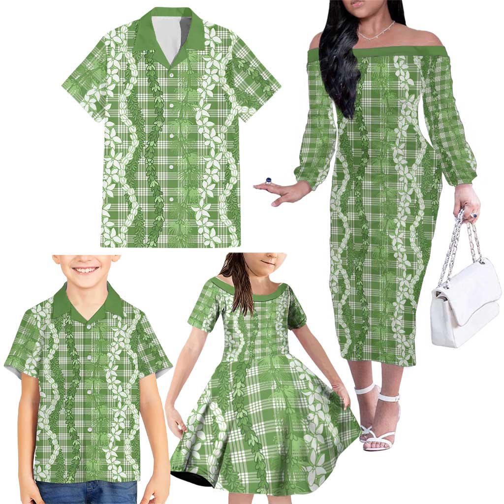 Hawaiian Ohia Lehua Lei Family Matching Off The Shoulder Long Sleeve Dress and Hawaiian Shirt Plaid Palaka Omaomao Pattern LT9 - Polynesian Pride