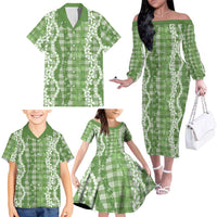 Hawaiian Ohia Lehua Lei Family Matching Off The Shoulder Long Sleeve Dress and Hawaiian Shirt Plaid Palaka Omaomao Pattern LT9 - Polynesian Pride