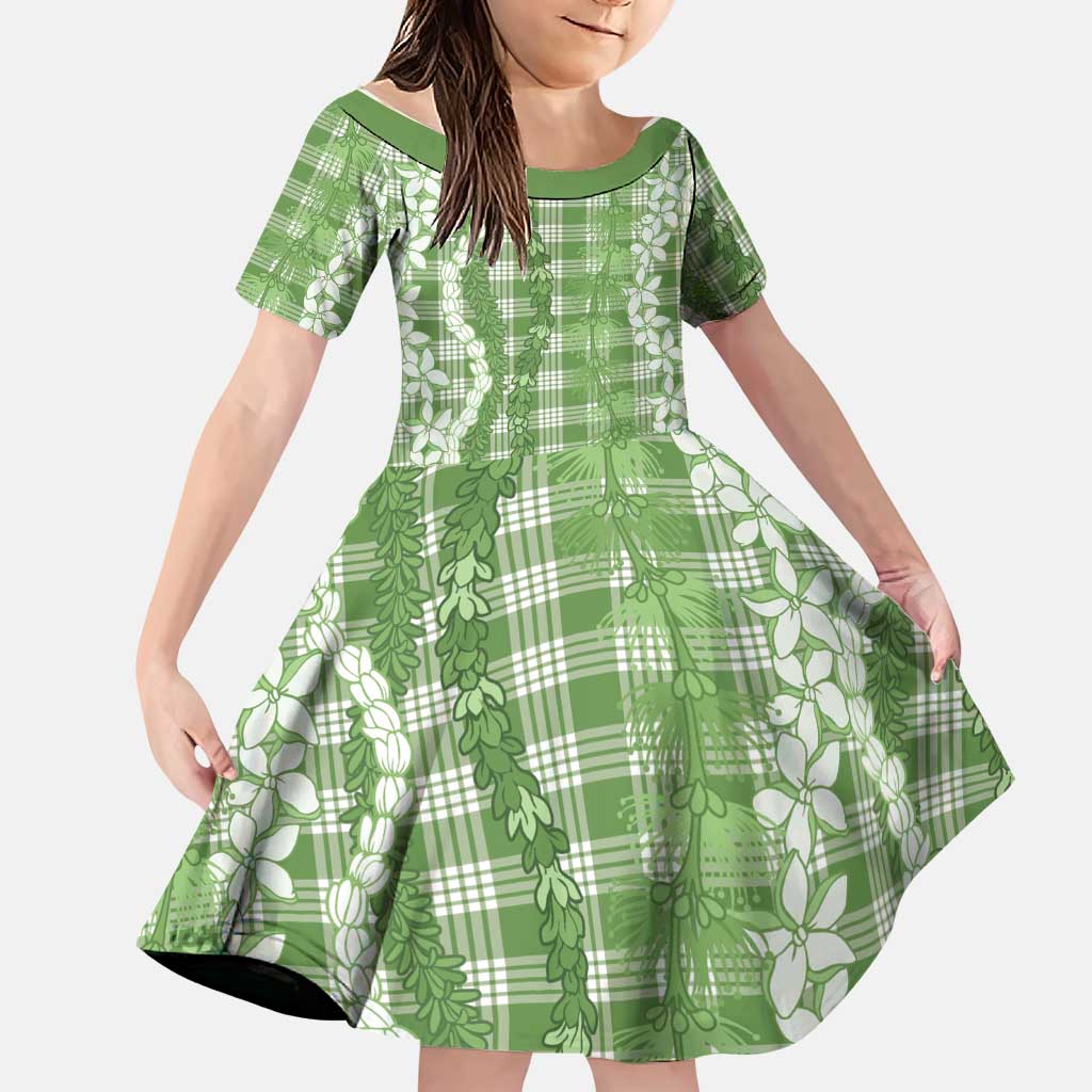 Hawaiian Ohia Lehua Lei Family Matching Off Shoulder Maxi Dress and Hawaiian Shirt Plaid Palaka Omaomao Pattern LT9 Daughter's Dress Green - Polynesian Pride